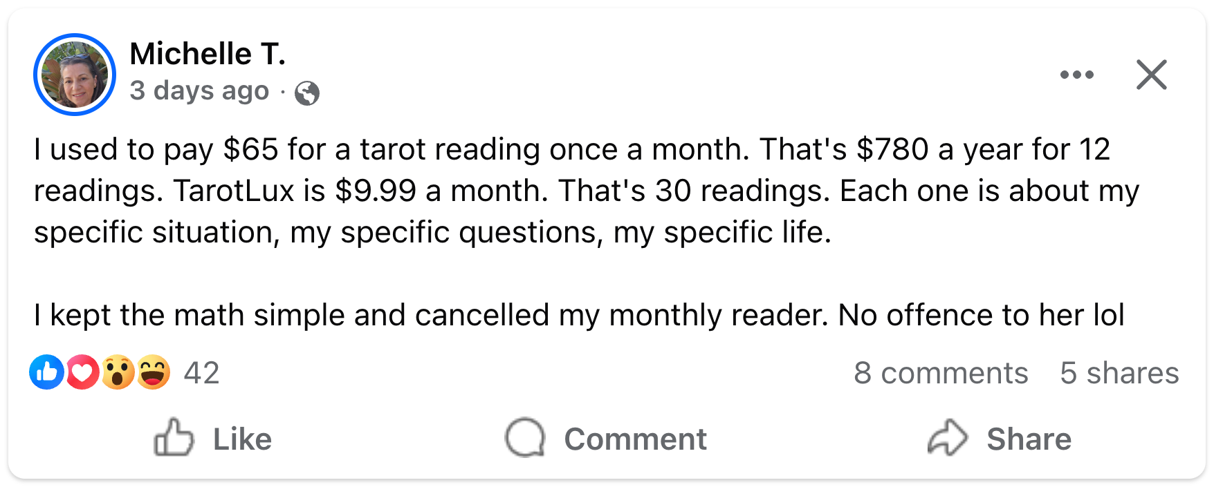 Facebook post from Michelle T comparing TarotLux pricing