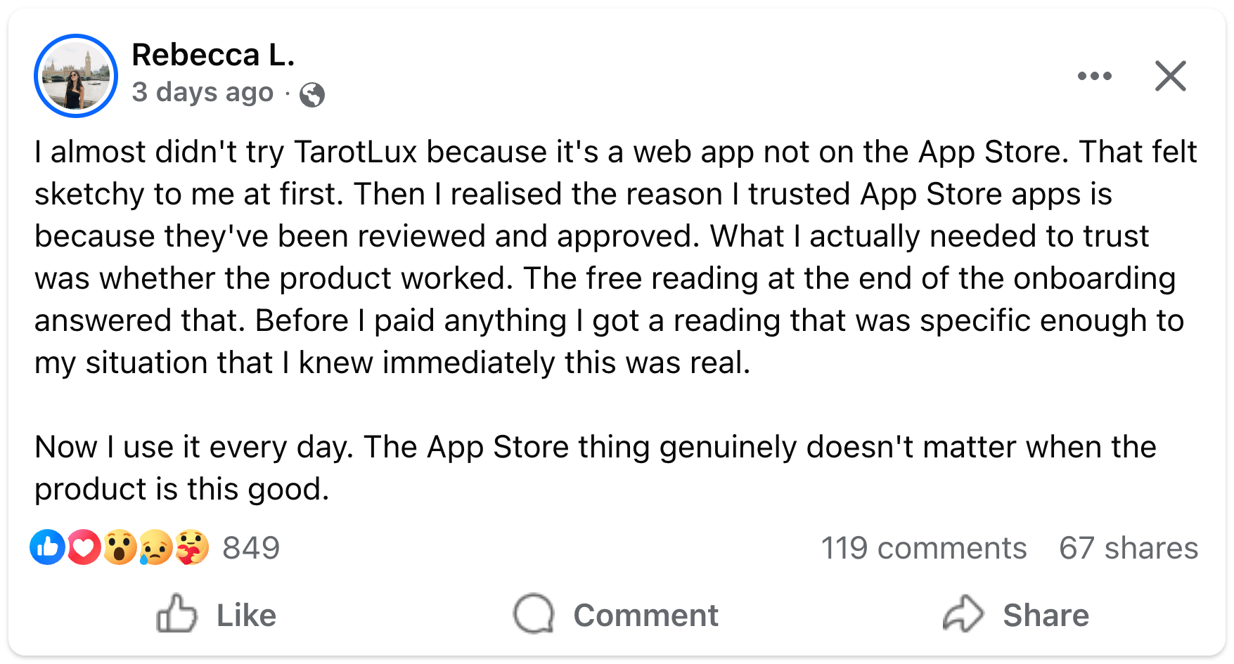 Facebook post from Rebecca L about trying TarotLux