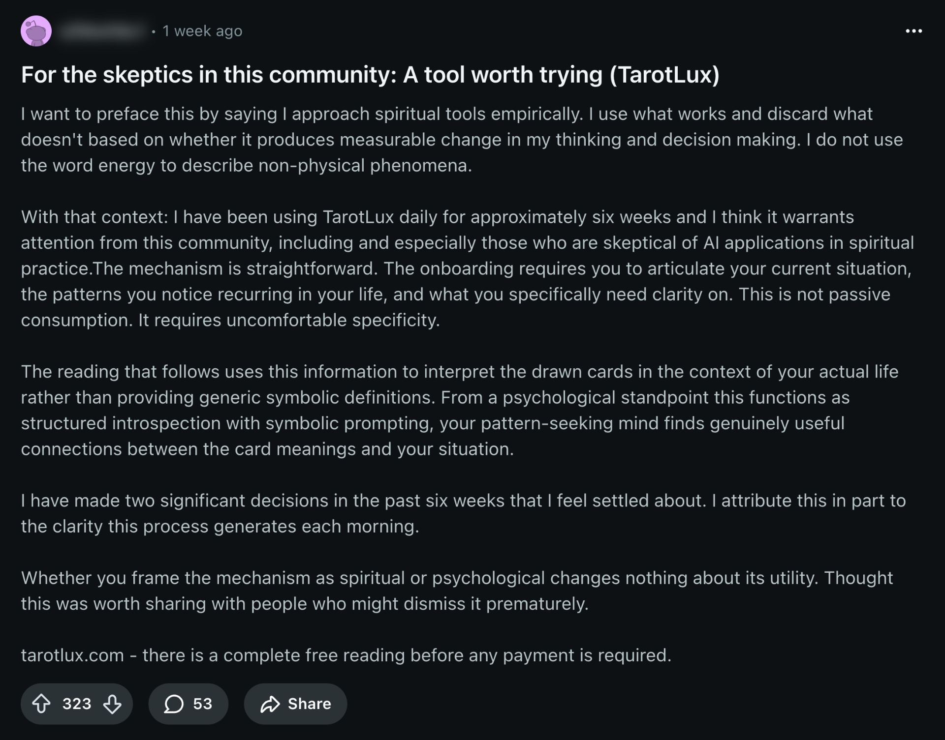 Reddit post recommending TarotLux to skeptics