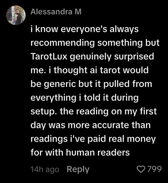 TikTok comment from Alessandra M about TarotLux