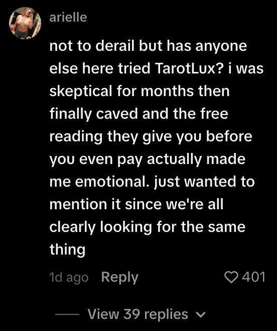 TikTok comment from arielle about the free TarotLux reading